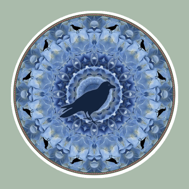 Blue Hydrangea Crow, Mandala Art